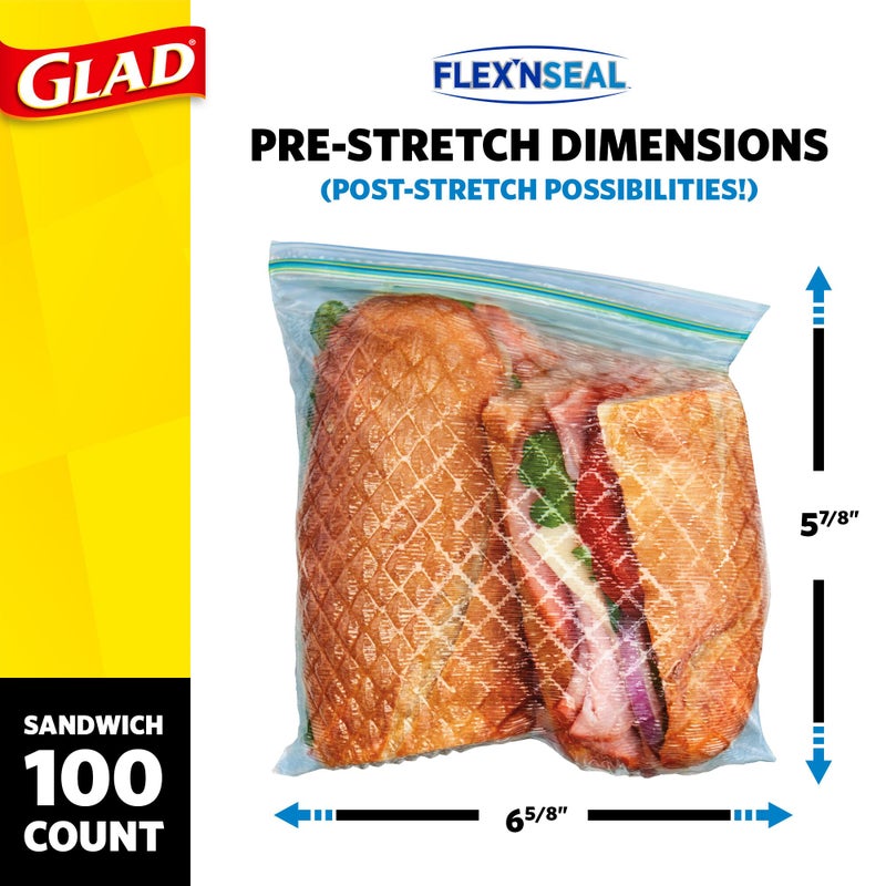 Glad Flex'N Seal Food Storage Plastic Bags, Sandwich, 100 Count, Pack of 4 (Package May Vary) - Image 4